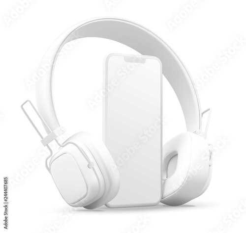 3D style headphones and smartphone on a white background, Concept banner design for music streaming service