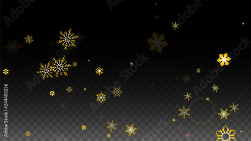 Christmas  Vector Background with Gold Falling Snowflakes Isolated on Transparent Background. Realistic Snow Sparkle Pattern. Snowfall Overlay Print. Winter Sky. Design for Party Invitation.