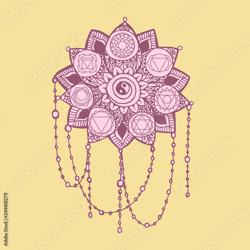 Doodle style pink and yellow line art lotus with yoga chakras pictogram.Vector illustration for print design