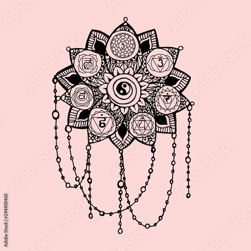 Doodle style black and pink line art lotus with yoga chakras pictogram and hieroglyph.Vector illustration for print design