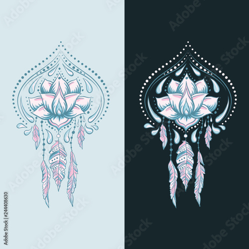 Doodle style hand drawn ornamental lotus on the dark and white background. Fashion print design with feathers