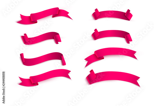 Set of pink satin ribbons isolated on white.