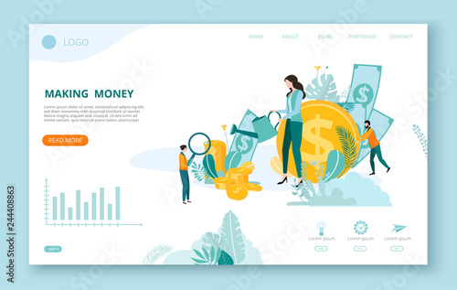 Landing page for site or web page template for business projects with people, money and space for text on white background.