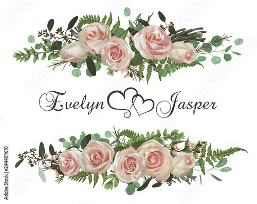 Vector floral bouquet design set, green forest leaf, brunia, fern, branches boxwood, buxus, eucalyptus, eustoma, tea roses and chamaelaucium. Watercolor style, herbs. Wedding for invite card