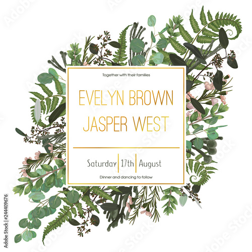 Wedding floral invitation, invite card. Vector watercolor green forest leaf, fern, brunia, branches boxwood, buxus, eucalyptus and chamaelaucium. Natural, botanical decorative frame gold