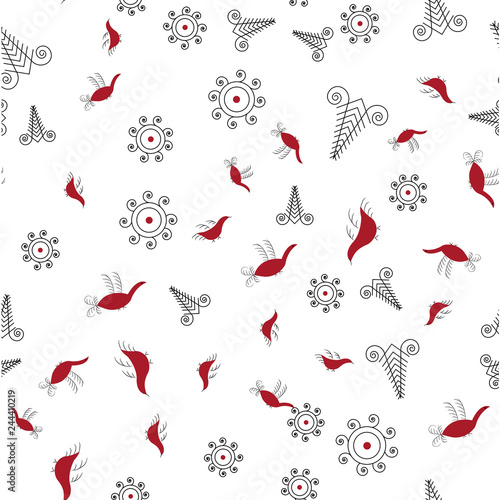 Vector illustration streemless pattern with hand drawn birds in traditional russian folk style. Mezen painting