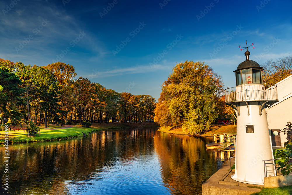 Autumn in park in Riga, the Capital of Latvia in Europe on Baltic Sea, beautiful colors of fall, golden leaves and magical atmosphere