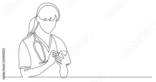 one line vector drawing of hospital nurse checking her mobile phone