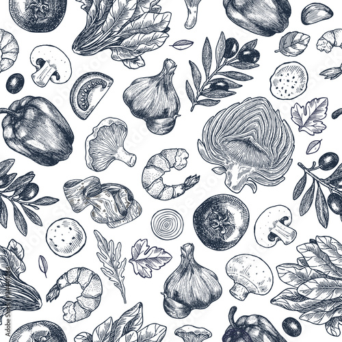 Pizza ingredients background. Linear graphic. Artichoke, tomato, garlicm basil, olive, pepper, mushroom, shrimp, leaf. Engraved seamless pattern. Vector illustration
