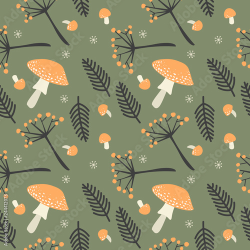 Autumn seamless pattern with nature elements orange fly agaric mushrooms, brown fern leaves and viburnum berry branches. Fall season at forest in the form of vector design on dark green base.