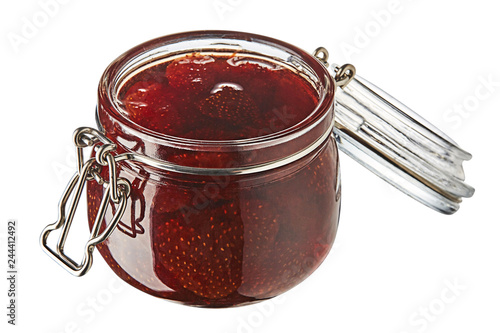 Strawberry jam in glass jar isolated isolated on white background. 