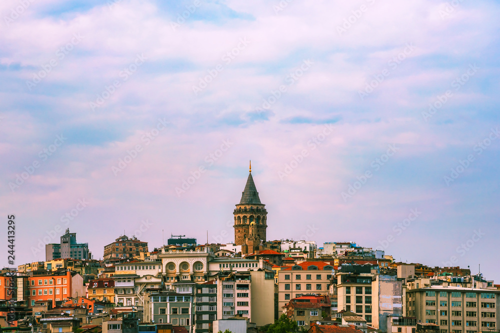 Galata tower against blue sky before sunset, Istanbul, Turkey