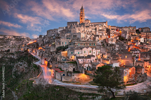 Matera, Basilicata, Italy: landscape at sunset of the old town photo