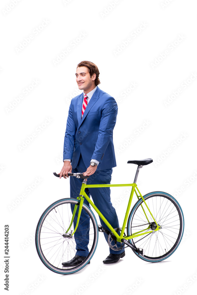 Businessman with bicycle isolated on white background Businessman with bicycle isolated on white background