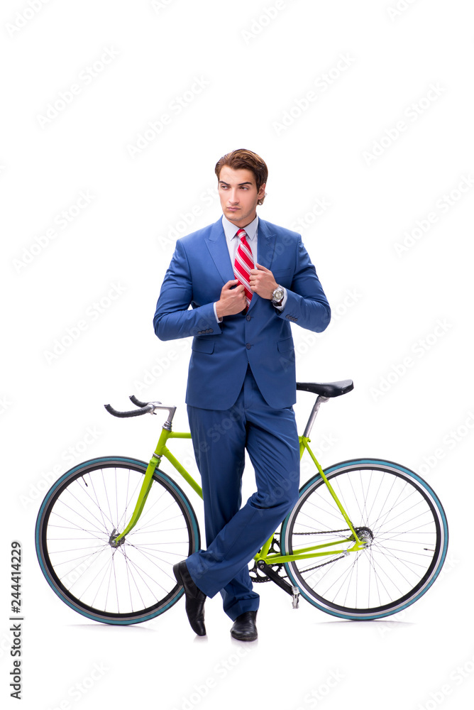 Businessman with bicycle isolated on white background Businessman with bicycle isolated on white background