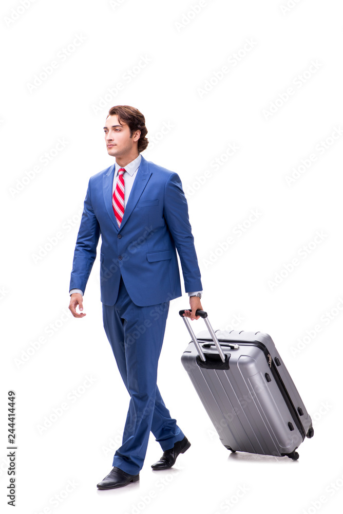 Young handsome businessman with suitcase isolated on white Young handsome businessman with suitcase isolated on white