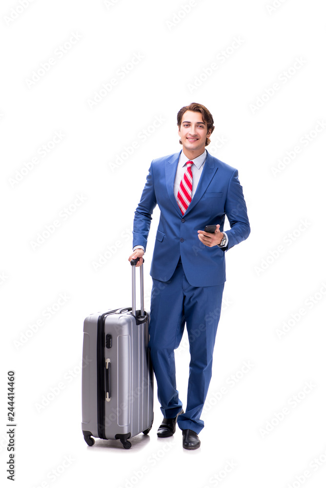 Young handsome businessman with suitcase isolated on white Young handsome businessman with suitcase isolated on white