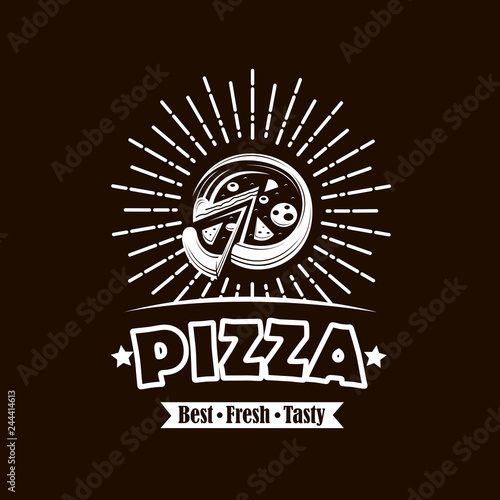 background of emblem with pizza and ribbon