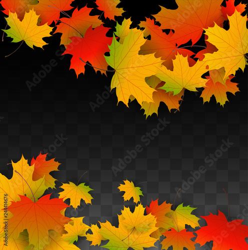 September Vector Background with Golden Falling Leaves. Autumn Illustration with Maple Red, Orange, Yellow Foliage. Isolated Leaf on Transparent Background. Bright Swirl. Suitable for Posters.