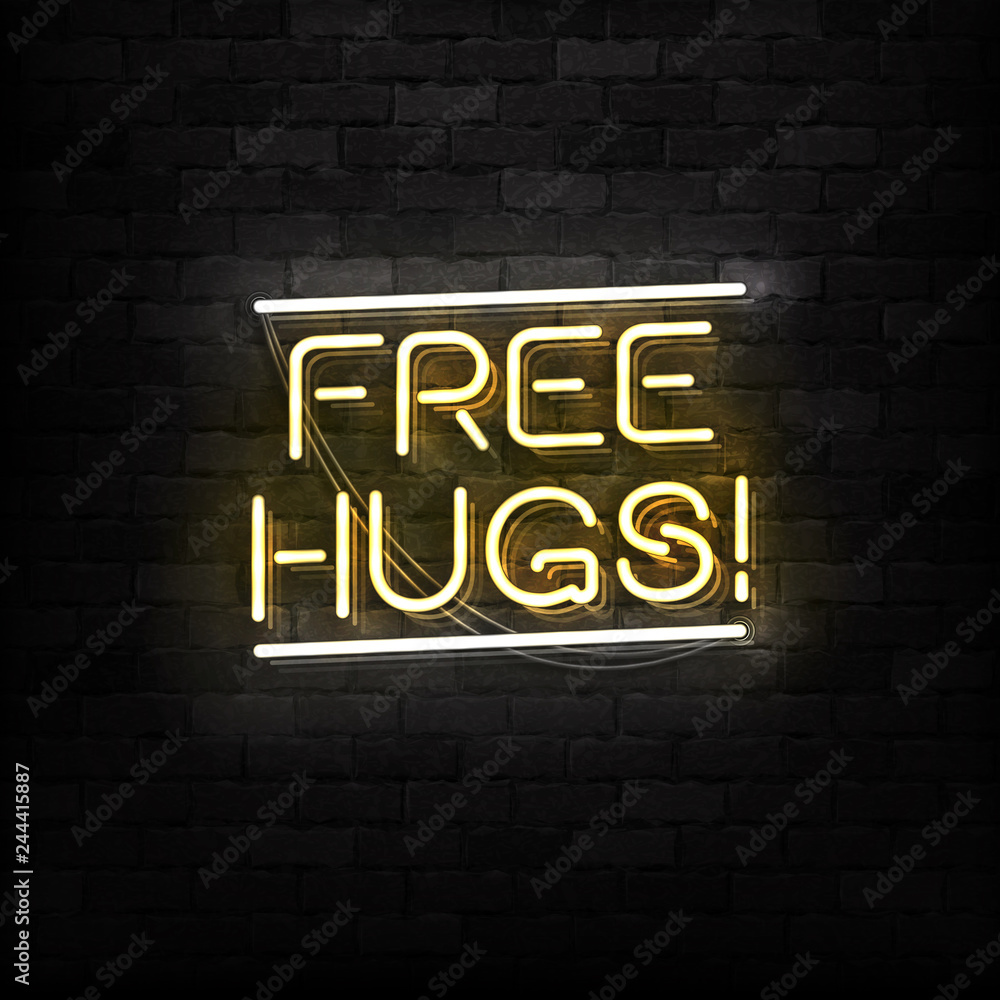 Obraz premium Vector realistic isolated neon sign of Free Hugs logo for template decoration and layout covering on the wall background. Concept of Happy Valentines Day.