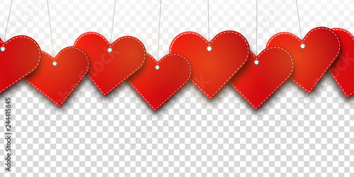 Vector realistic isolated hanging hearts seamless pattern for template decoration and covering on the transparent background. Concept of Happy Valentines Day.
