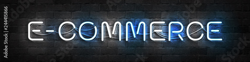 Vector realistic isolated neon sign of E-commerce typography logo for template decoration and layout covering on the wall background. Concept of marketing and online shopping.