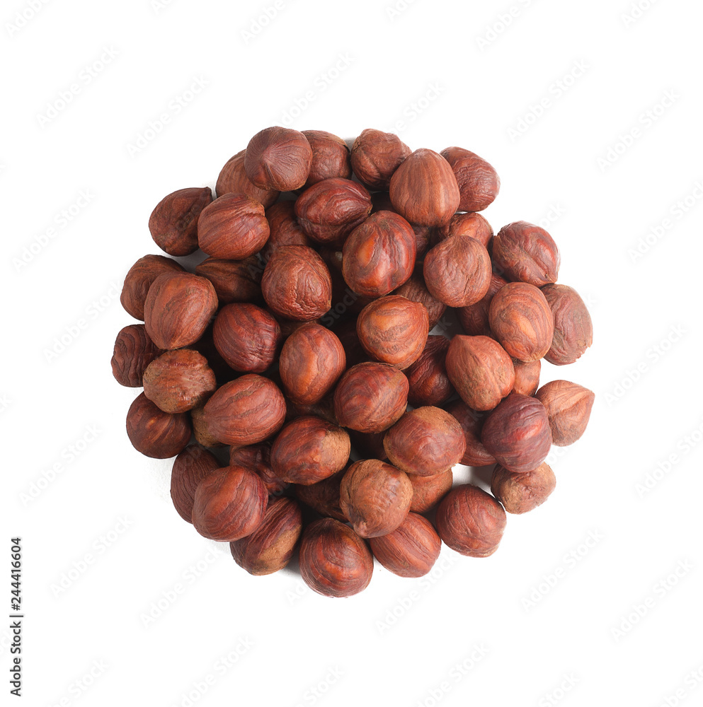 A circle of nuts. Whole hazelnut fruit without shell isolated on white background. Top view. A circle of nuts. Whole hazelnut fruit without shell isolated on white background. Top view.