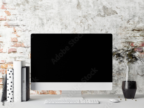 Monitor on table, mock up frame, 3d render, 3d illustration