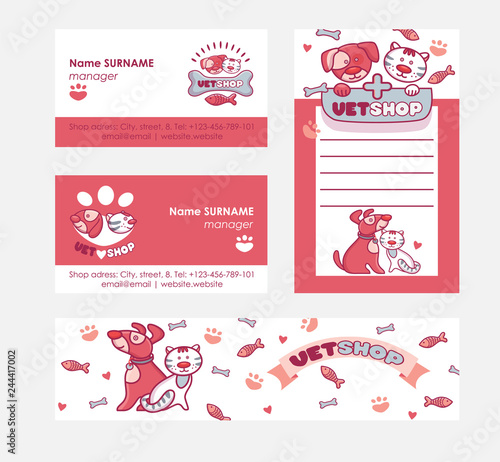 Veterinary vector pet animal character on vetshop business-card and vetclinic logo logotype backdrop illustration set of cat dog on vet shop business card background badge