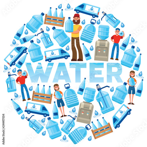 Water bottle vector man woman character delivering water drink liquid aqua bottled in plastic container backdrop illustration bottling water cooler on white background