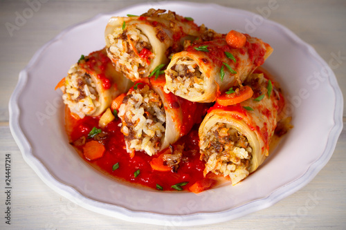 Cabbage rolls with meat, rice and vegetables. Chou farci, dolma, sarma, sarmale, golubtsy or golabki - popular dish in many countries. horizontal