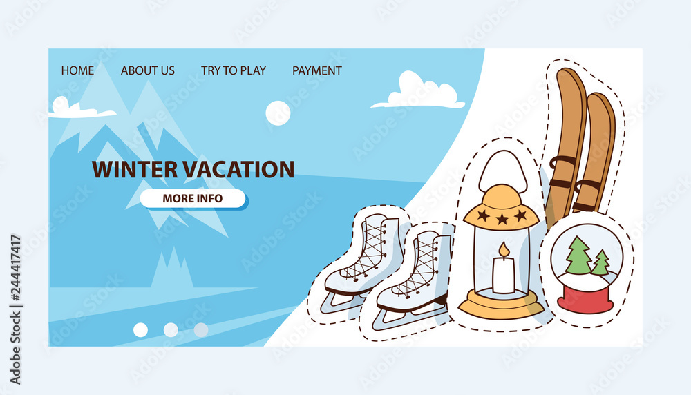 Winter vocation vector illustration. Ski, skates, candles, snow-globe badges, patches and stickers for website design with options. Mountains with snow and blue sky with clouds.