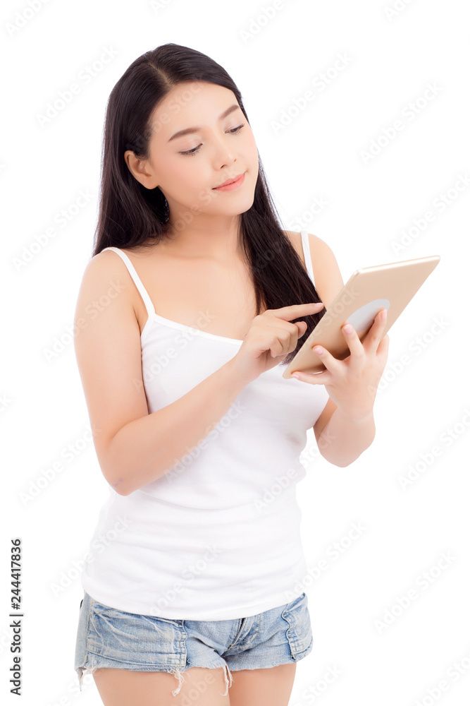 Portrait of asian young woman standing touch blank screen tablet isolated on white background, girl showing technology, business and communication concept. Portrait of asian young woman standing touch blank screen tablet isolated on white background, girl showing technology, business and communication concept.