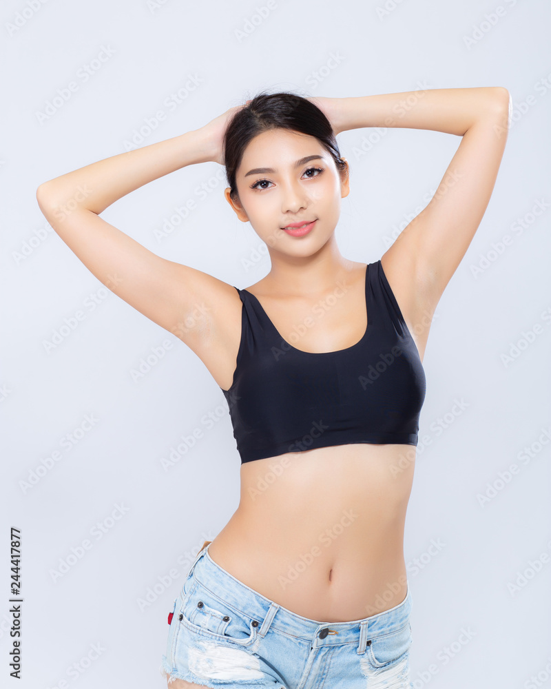 Portrait young asian woman smiling beautiful body diet with fit isolated on white background, model girl weight slim with cellulite or calories, health and wellness concept. Portrait young asian woman smiling beautiful body diet with fit isolated on white background, model girl weight slim with cellulite or calories, health and wellness concept.