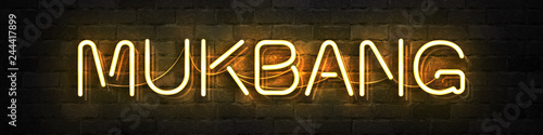 Vector realistic isolated neon sign of Mukbang typography logo for template decoration and covering on the wall background. Translation from Korean: eating broadcast. Concept of food ASMR.