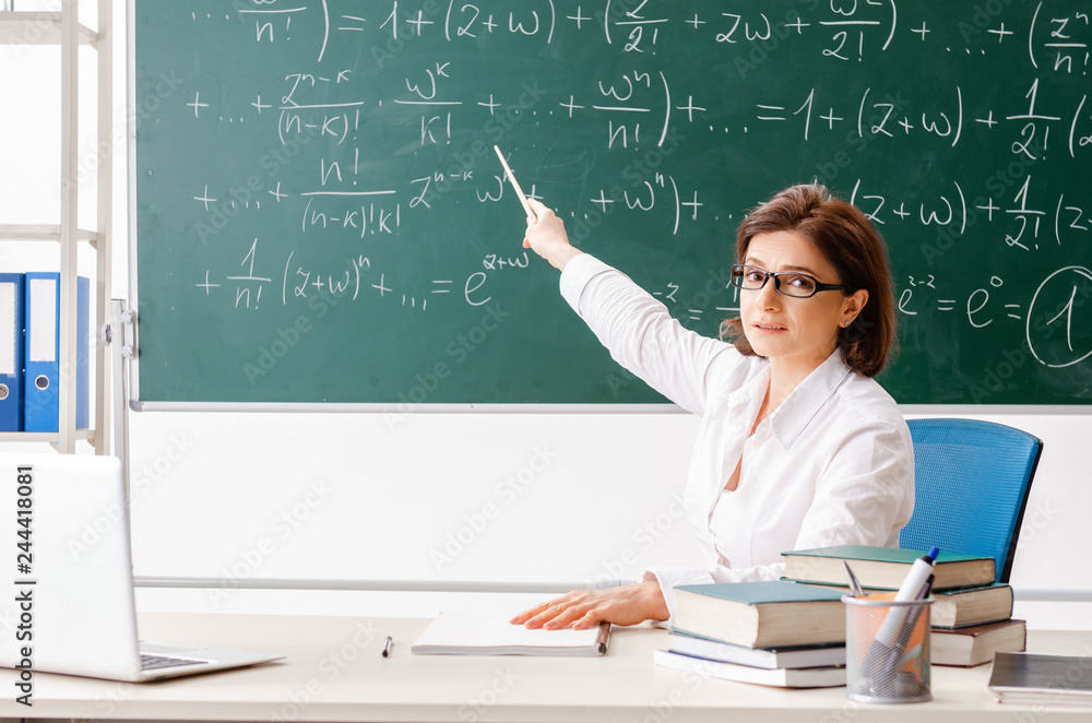 Female math teacher in front of the chalkboard Female math teacher in front of the chalkboard
