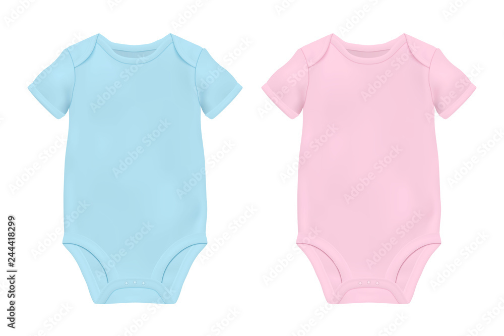 Vector Realistic Blue and Pink Blank Baby Bodysuit Template Mock up Closeup Isolated on White. Front and Back Side. Body children baby shirt onesie. Accessories clothes for newborns. Top view Stock Ve...