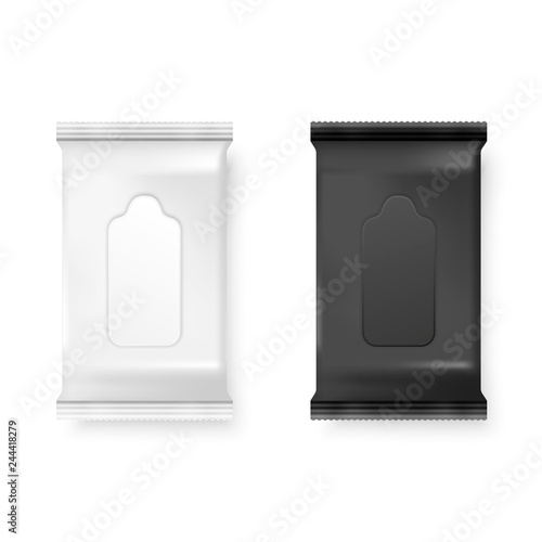 Vector Realistic 3d White and Black Wet Wipes Package Icon Set Closeup Isolated on White Background. Design Template of Napkins, Cosmetic, Food, Product or Other Packaging for Mockup. Top view