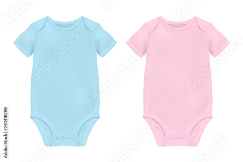 Vector Realistic Blue and Pink Blank Baby Bodysuit Template, Mock-up Closeup Isolated on White. Front and Back Side. Body children, baby shirt, onesie. Accessories, clothes for newborns. Top view