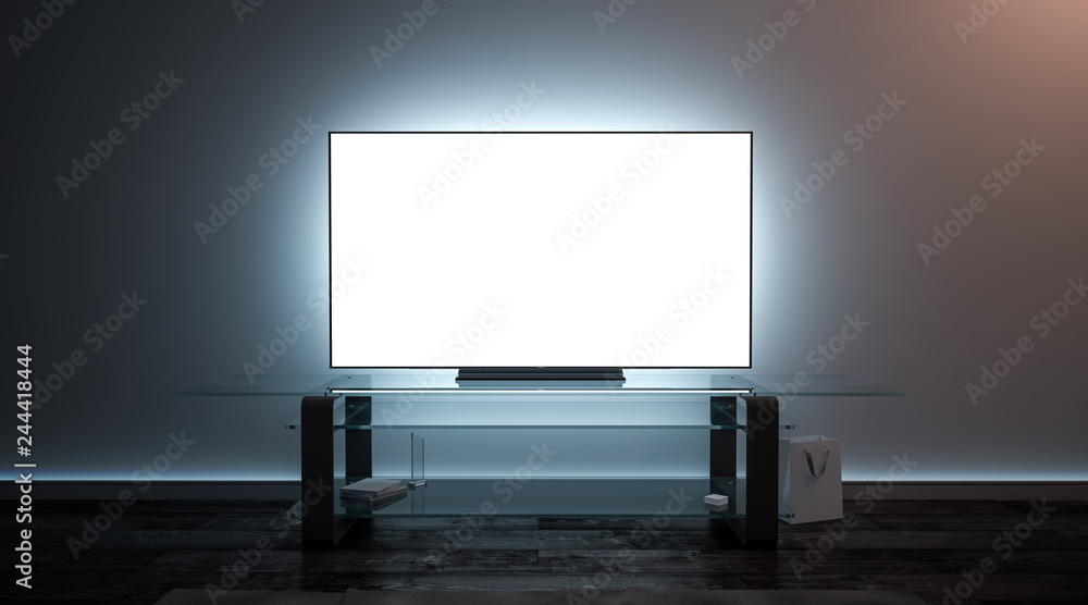 Blank white tv screen interior in darkness mockup, front view, 3d rendering. Empty telly plasma display in living room mock up. Clear smart panel monitor on glass shelf template. - obrazy, fototapety, plakaty 