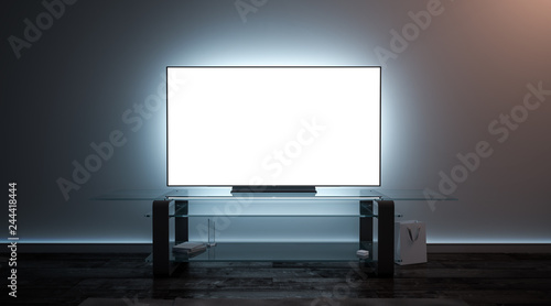 Blank white tv screen interior in darkness mockup, front view, 3d rendering. Empty telly plasma display in living room mock up. Clear smart panel monitor on glass shelf template. photo