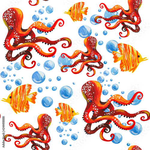 seamless pattern with red Octopus and yellow coral fish. Hand drawn acrylic paint illustration