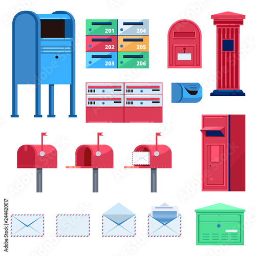 Post mailbox vector flat illustration. Letters and postboxes isolated icons