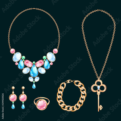 Golden jewelry and gems, vector cartoon illustration. Set of diamond necklace, chain and wedding rings.