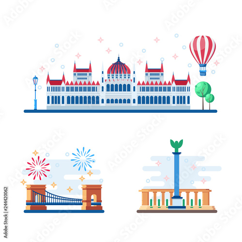 Budapest touristic landmarks vector flat illustration. Travel to Hungary design elements. Parliament, Chain Bridge icons