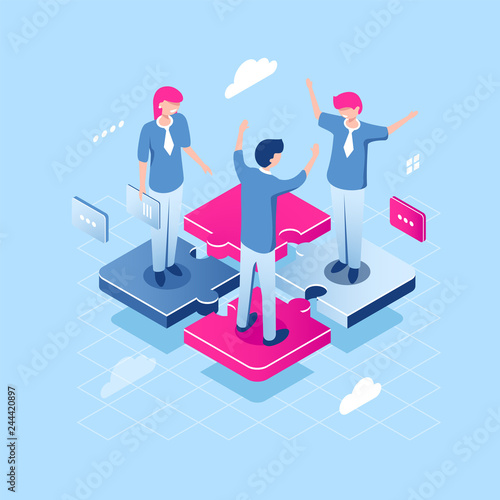 Teamwork puzzle concept, abstract team isometric business icon, collaborate of people, achievement of common goal, happy girl and young man manager, flat vector illustration blue