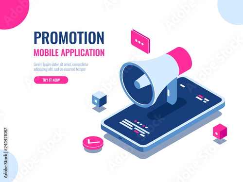 Mobile notification, loudspeaker, mobile application advertising and promotion, digital PR management, cartoon isomeric flat