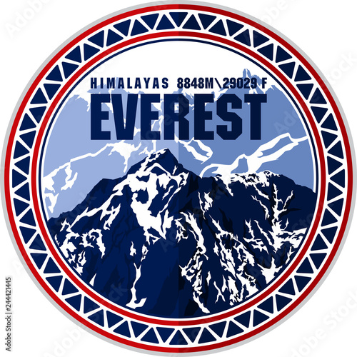 Vector Everest mountain logo. Emblem with highest peack in world. Mountaineering label illustration.