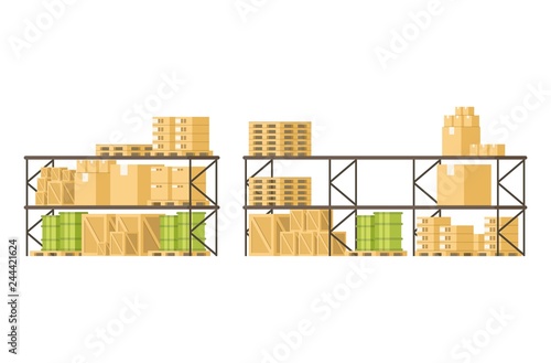 Box Freight Load and Goods on Shelf in Warehouse