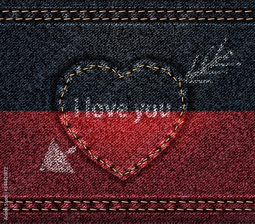 Jeans heart pierced with arrow, I love You, texture fabric denim, black red vector